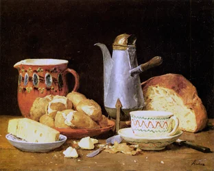 Stillleben mit Kaffee, Brot und Kartoffeln